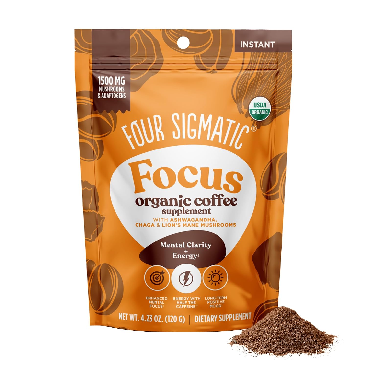 Four Sigmatic Organic Instant Coffee Powder | Mushroom Coffee Instant Mix with Cordyceps, Chaga and Eleuthero for Better Focus and Immune Support | 10 Packets