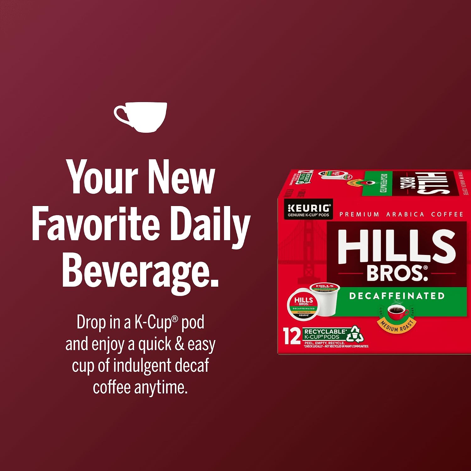 Hills Bros Single Serve Coffee Pods, 100% Colombian Ground Coffee, Medium Roast, 12 Count – Keurig Compatible, Roasted 100% Arabica Beans, Smooth Balanced Flavor