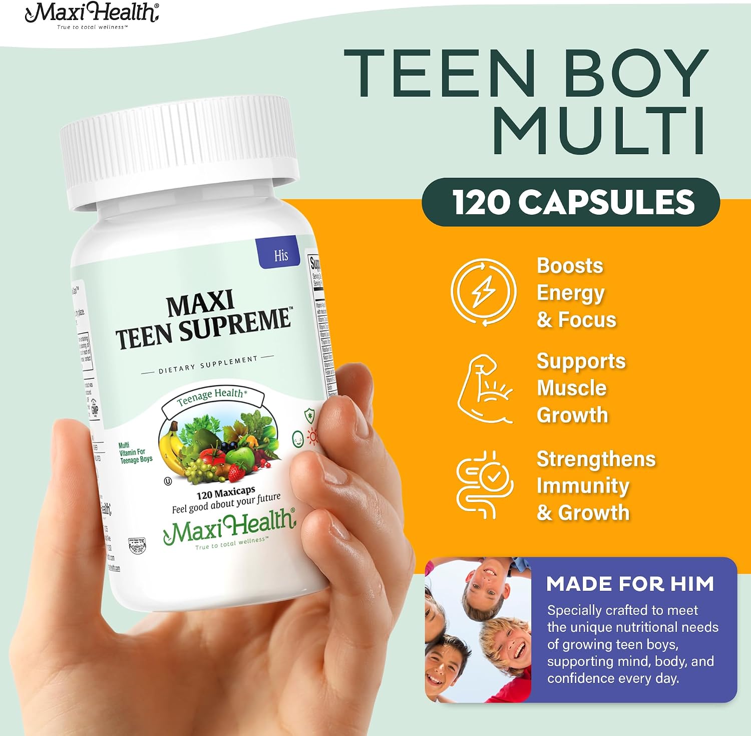 Teen Vitamins for Boys 12-17 - Teen Multivitamin Supreme with D3, Iron, Calcium, Biotin, Digestive Enzymes – Teenager Boy Multi Vitamins for Energy, Brain & Mood Support – 60 Count