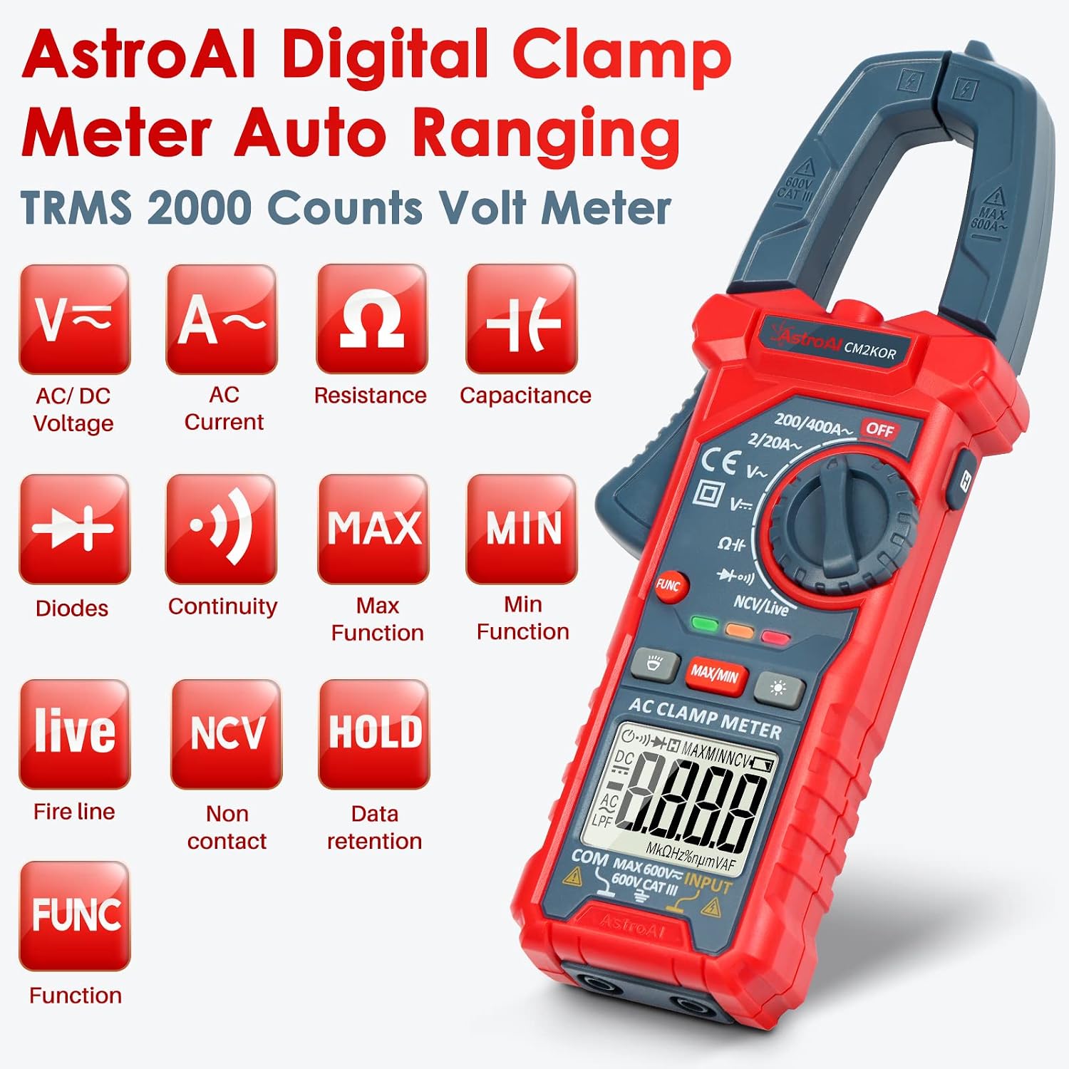 AstroAI Digital Clamp Meter Multimeter 2000 Counts Amp Voltage Tester Auto-ranging with AC/DC Voltage, AC Current, Resistance, Capacitance, Continuity