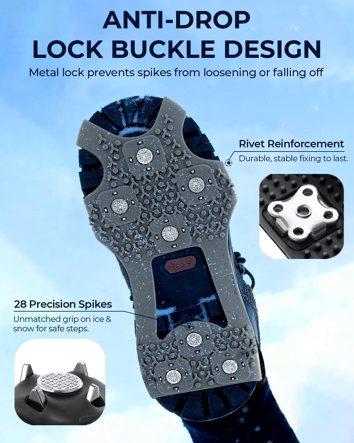 Sportneer Crampons： Ice Cleats for Shoes and Boots with 28 Spikes - Traction Slip-on Stretch Footwear for Walking and Shoveling on Ice and Snow - Lightweight for Women and Men