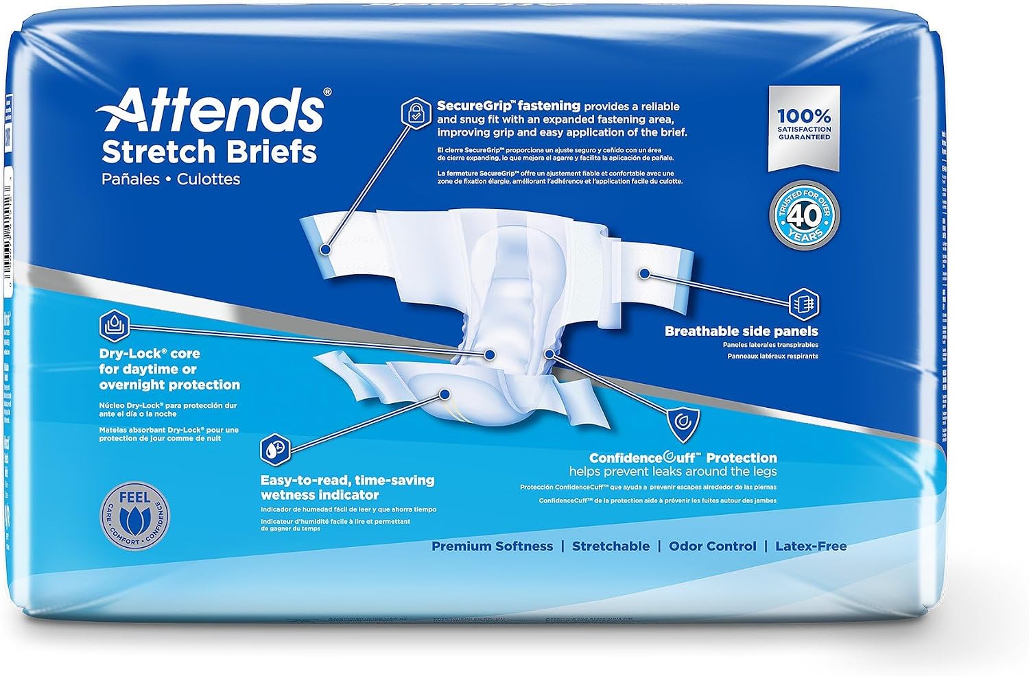 Attends Stretch Adult Incontinence Disposable Briefs, Large/X-Large, 40"-70" Waist with SecureGrip Tab Closure, Ultimate Absorbency with Dry-Lock Containment Core and Breathable Side Panels, 96ct Case