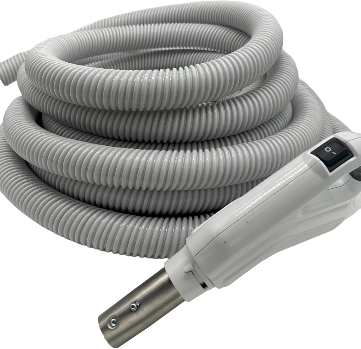 Universal Central Vacuum 30 ft Low Voltage Hose, White, Crushproof Material, Compatible with Most Inlets - On/Off Switch Control (30 Ft. Low Voltage)