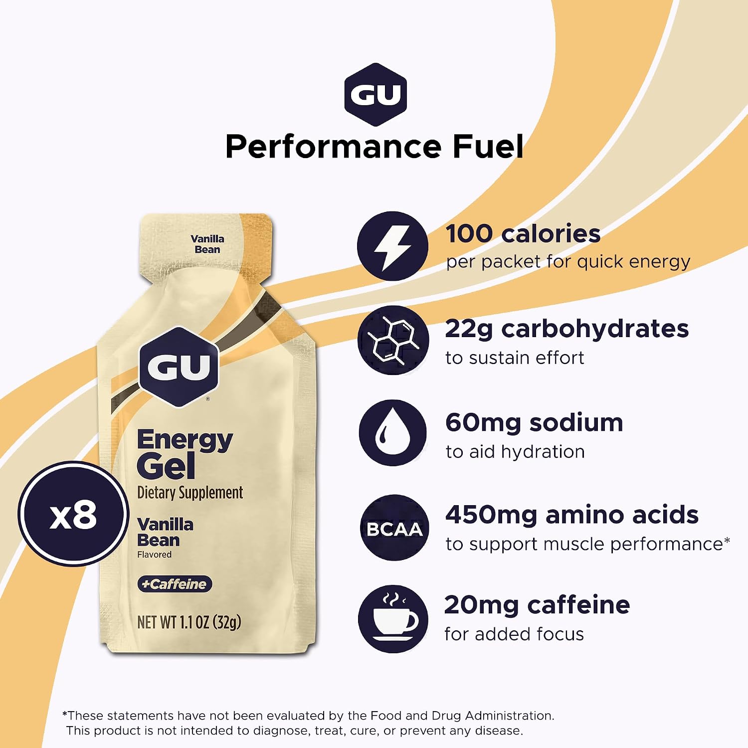 GU Energy Original Sports Nutrition Energy Gel, Vegan and Dairy-Free On-the-Go Energy for Any Workout, Vanilla Bean, 8-Count