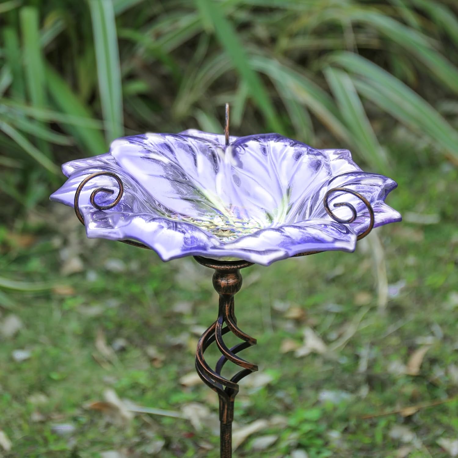 VCUTEKA Glass Bird Bath Outdoor Birdfeeder with Metal Stake Garden Decor