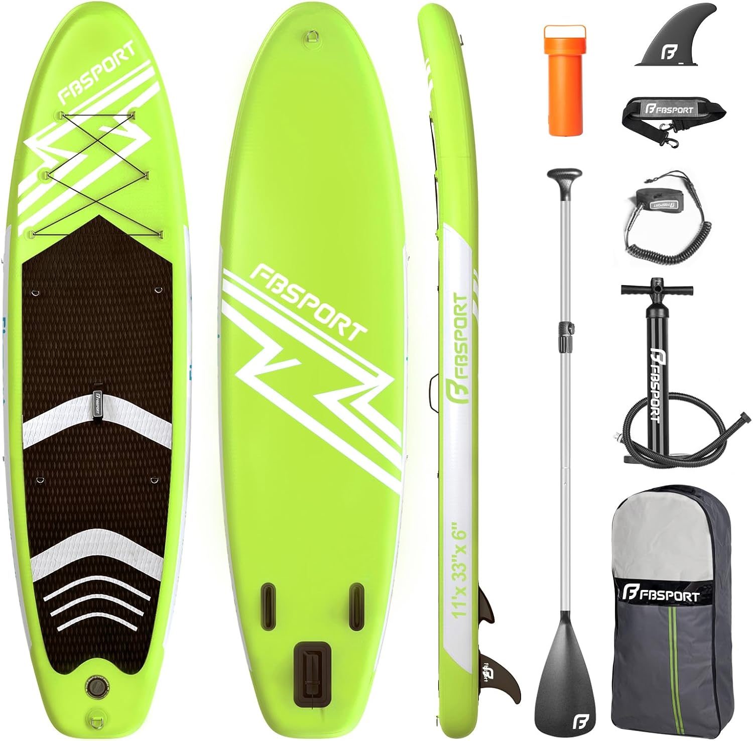 FBSPORT 11' Premium Stand Up Paddle Board, Yoga Board with SUP Accessories & Carry Bag | Wide Stance, Surf Control, Non-Slip Deck, Leash
