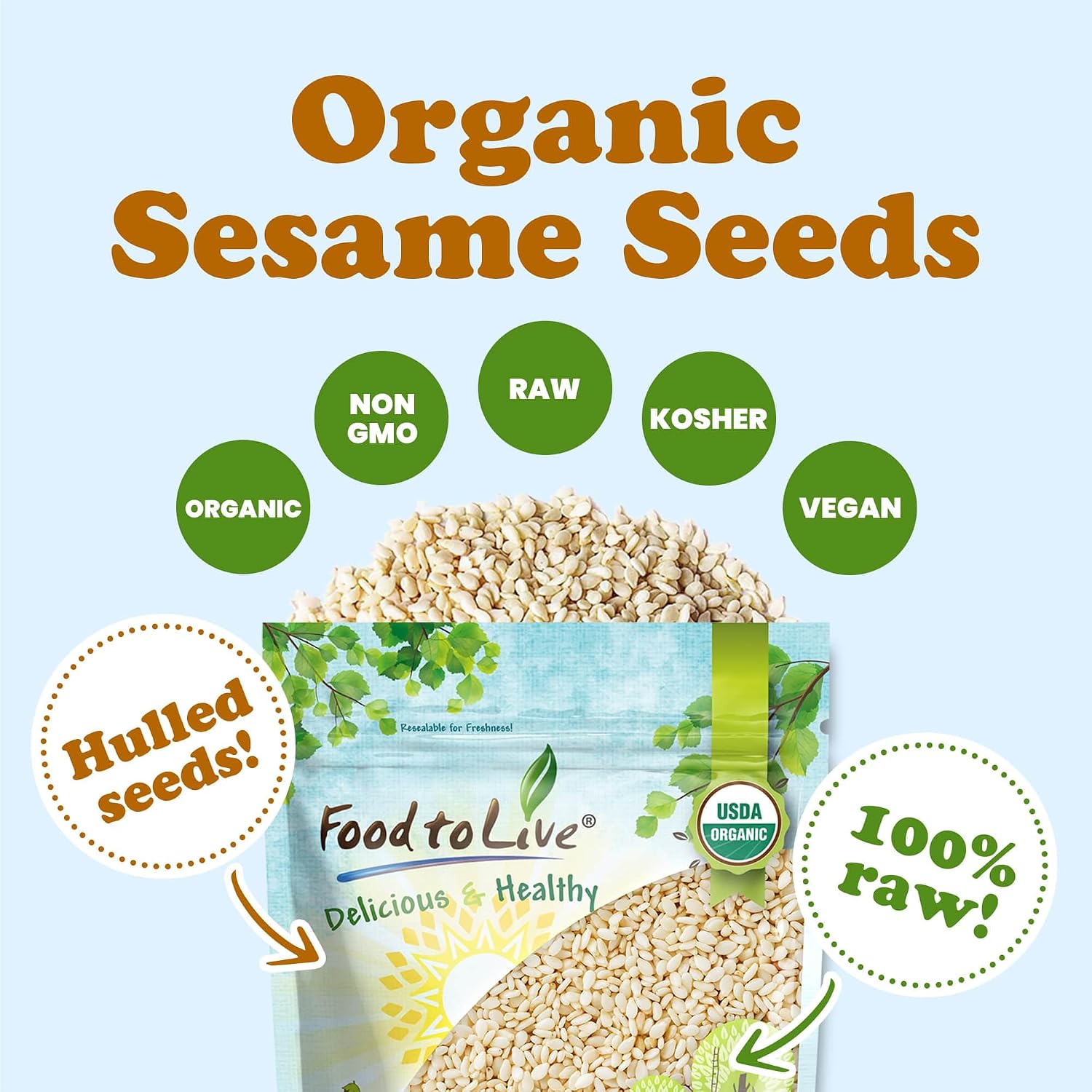 Food to Live Organic Hulled Sesame Seeds, 2 Pounds – Whole Raw White Sesame Seeds, Non-GMO, Kosher, Vegan, Unroasted, Bulk. High in Iron, and Calcium. Perfect for Tahini Paste, Stir-fries, and Salads.