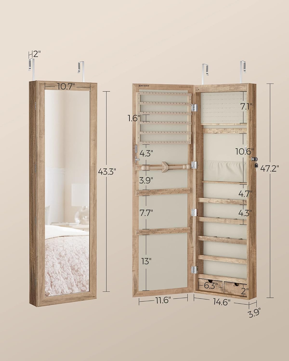 SONGMICS 6 LEDs Mirror Jewelry Cabinet, 47.2-Inch Tall Lockable Wall or Door Mounted Jewelry Armoire Organizer with Mirror, 2 Drawers, 3.9 x 14.6 x 47.2 Inches, White UJJC93W