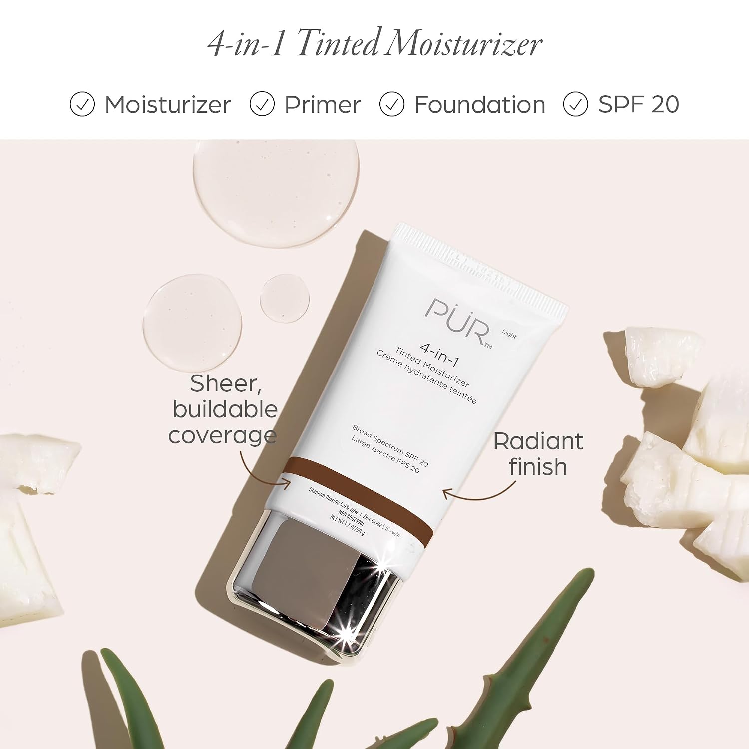 PÜR MINERALS 4-in-1 Tinted Moisturizer With SPF 20 - Hydrating Face Moisturizer, Primer, & Foundation With Shea Butter