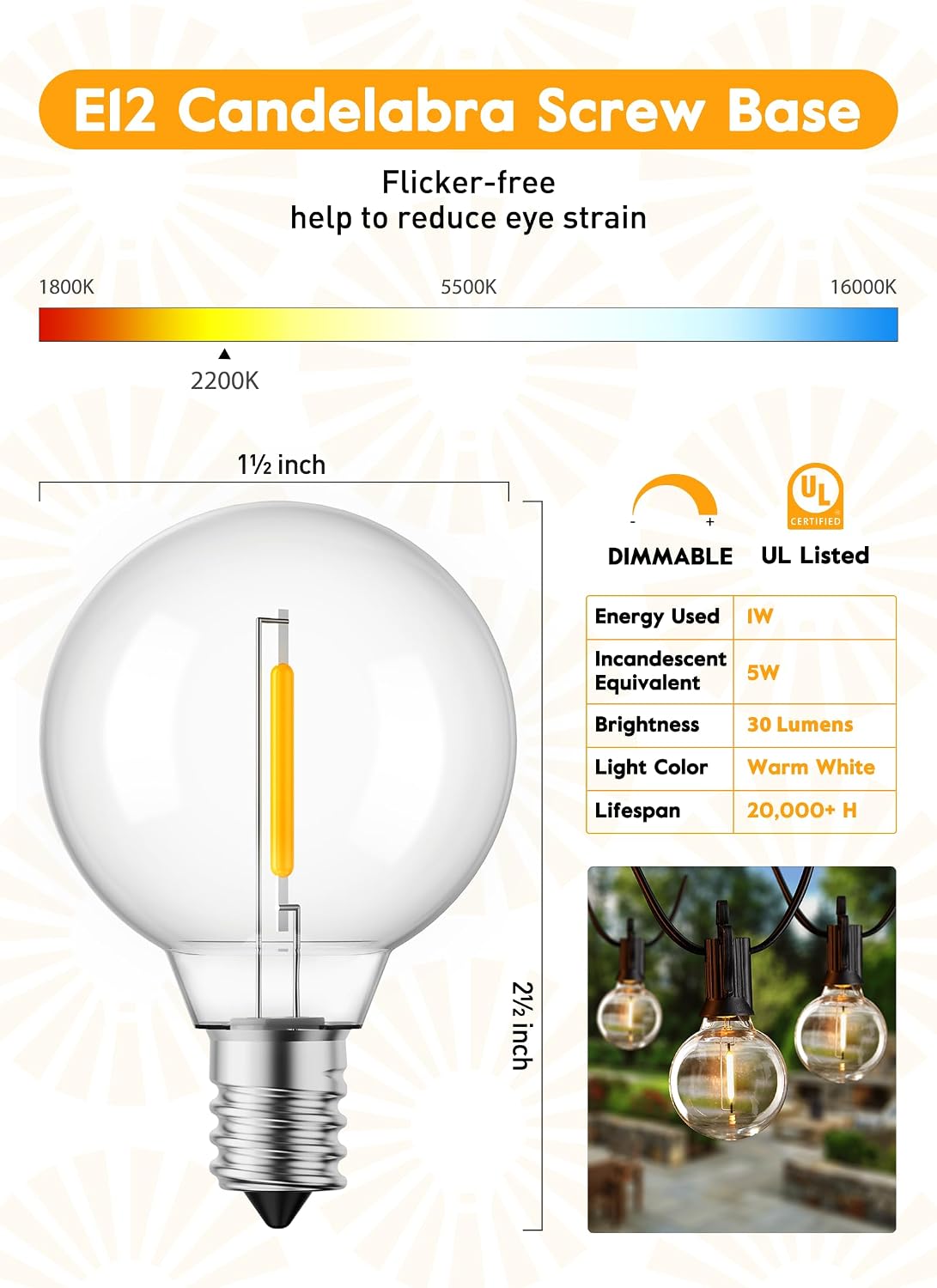 Brightown 25 Pack G40 LED Replacement Bulbs, E12 Base, 2200K, Warm White | Shatterproof Plastic LED Light Bulb, Waterproof, Dimmable, 1.5" Edison Light Bulbs for Indoor Outdoor Patio Backyard Decor