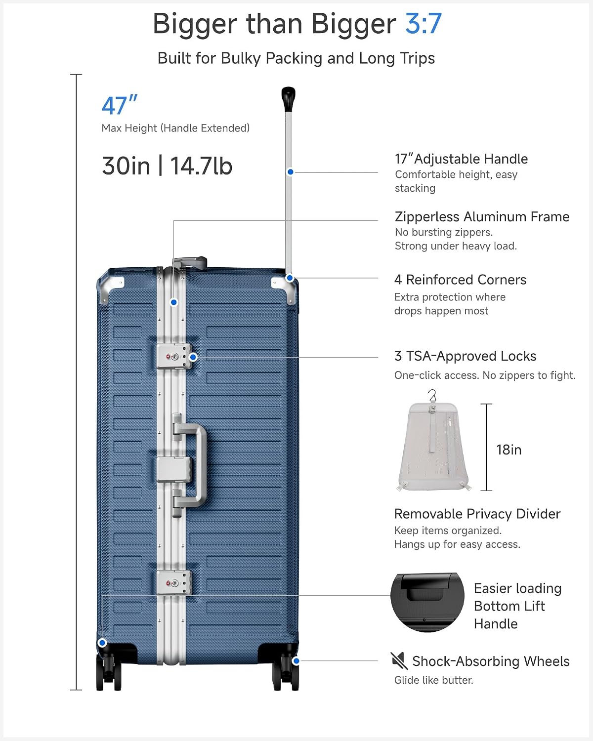 LUGGEX Zipperless Checked Suitcase, Aluminum Frame, Charcoal Metallic, 28" | Checked Luggage, 100% PC Hard Shell, 8010S Aluminum Frame, 8 Spinner Wheels, TSA Lock, Hard Shell, ZX-Core