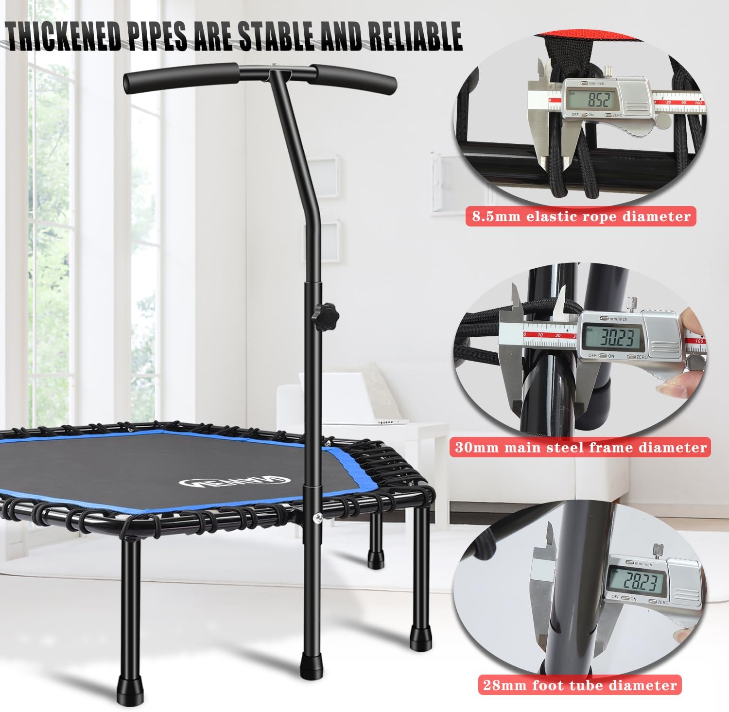 Newan 48'' Fitness Trampoline with Adjustable Handle Bar, Silent Trampoline Bungee Rebounder Jumping Cardio Trainer Workout for Adults - Max Limit 330 lbs