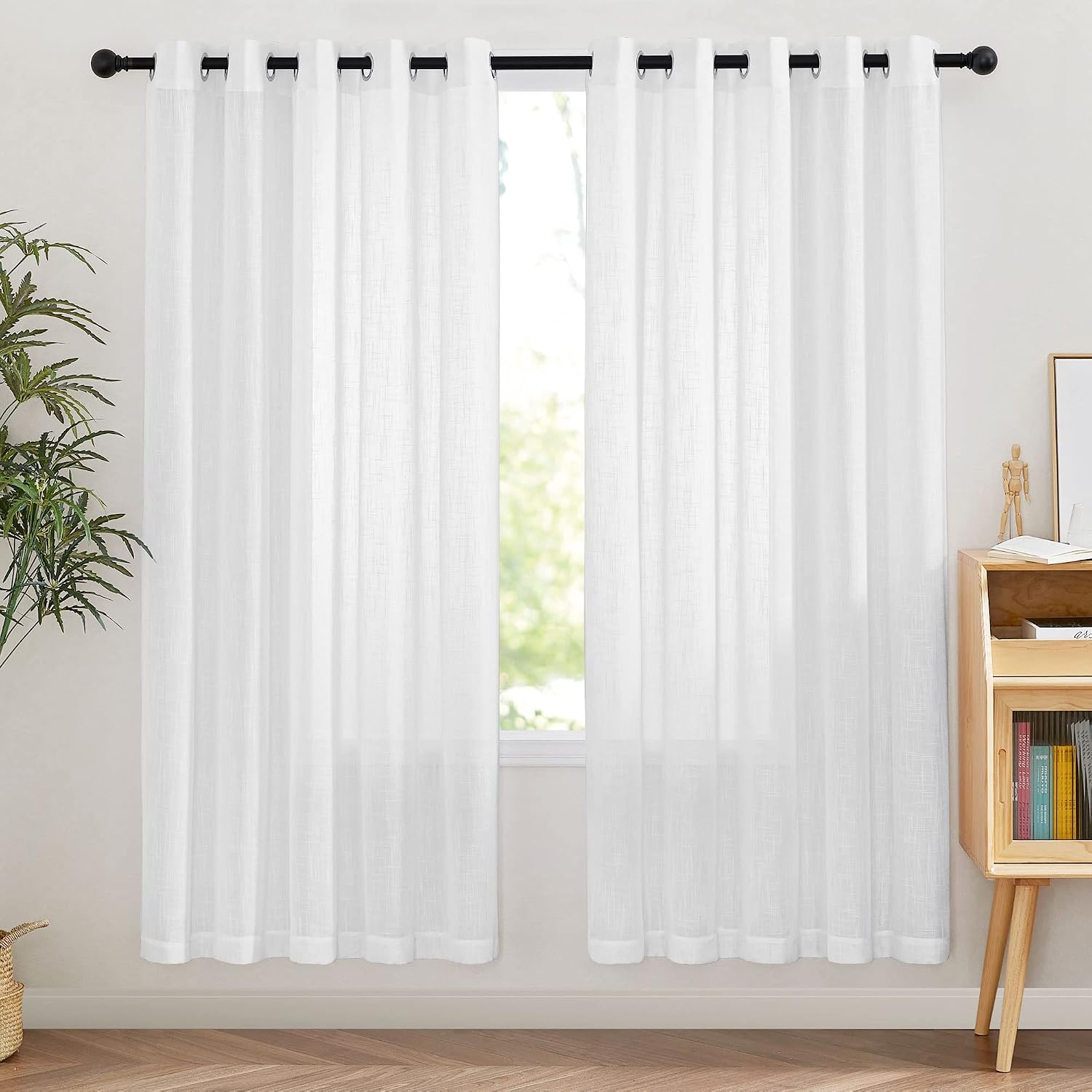 NICETOWN Linen Curtains White Semi Sheer 72 inch Long for Windows, Privacy with Light Filtering Grommet Top Window Treatments for Bedroom/Living Room
