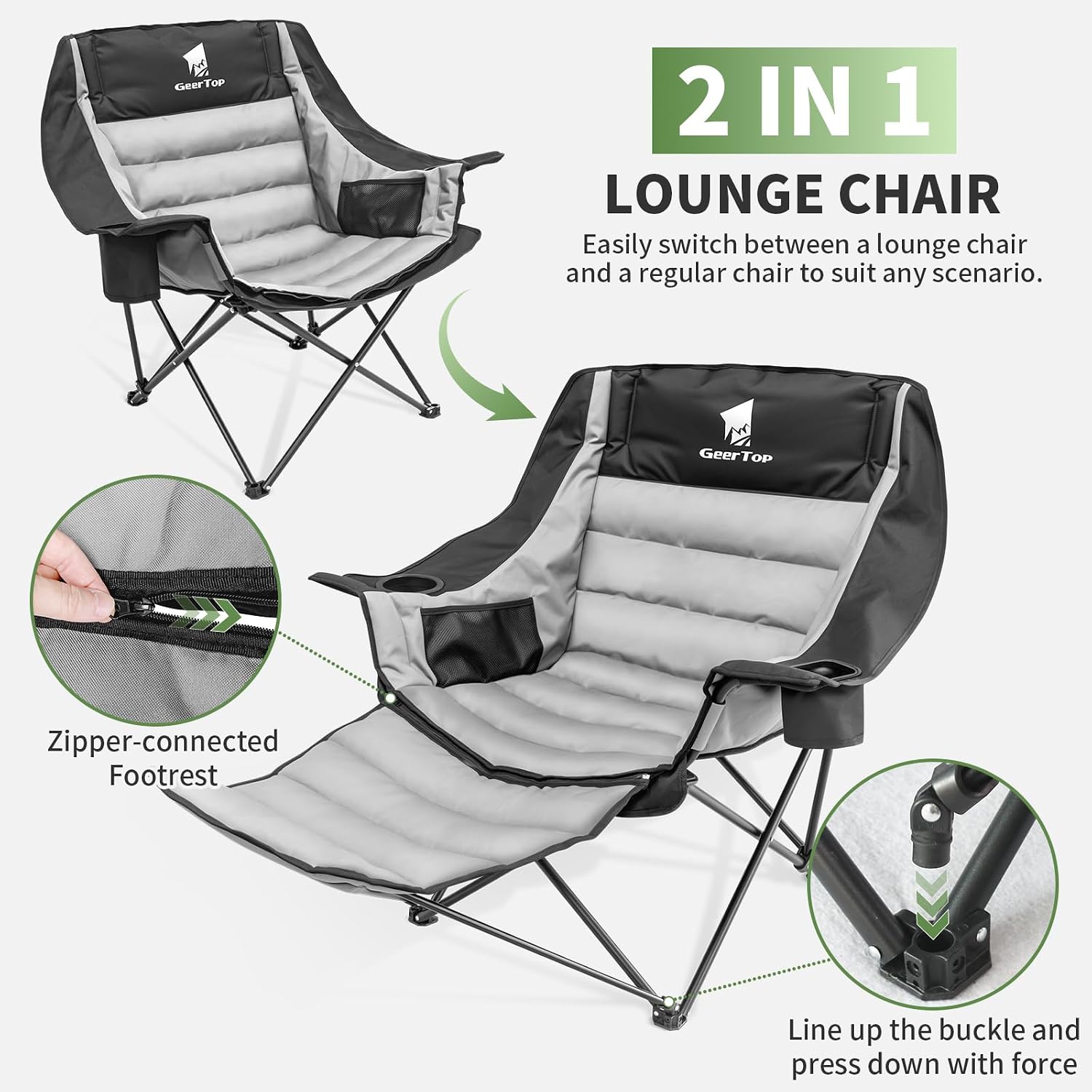 GEERTOP Oversized Padded Camping Folding Chair with Removable Footrest | Extra Comfort chair, Heavy-duty Frame, Supports up to 400 lbs, Foldable
