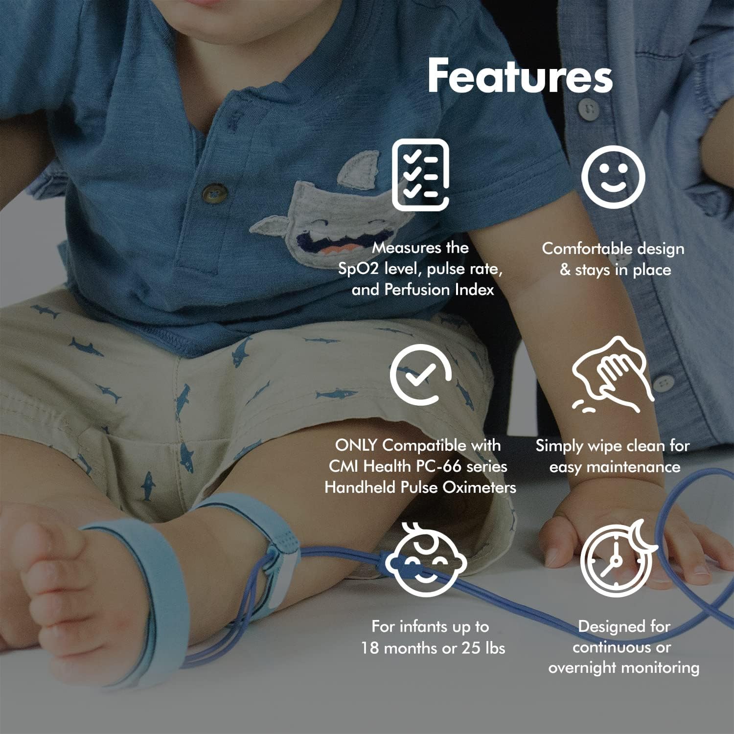 SpO2 Sensor for Infants - Compatible ONLY with CMI Health ​Handheld Pulse Oximeters - Overnight Monitoring - Soft & Comfortable, Latex-Free Material