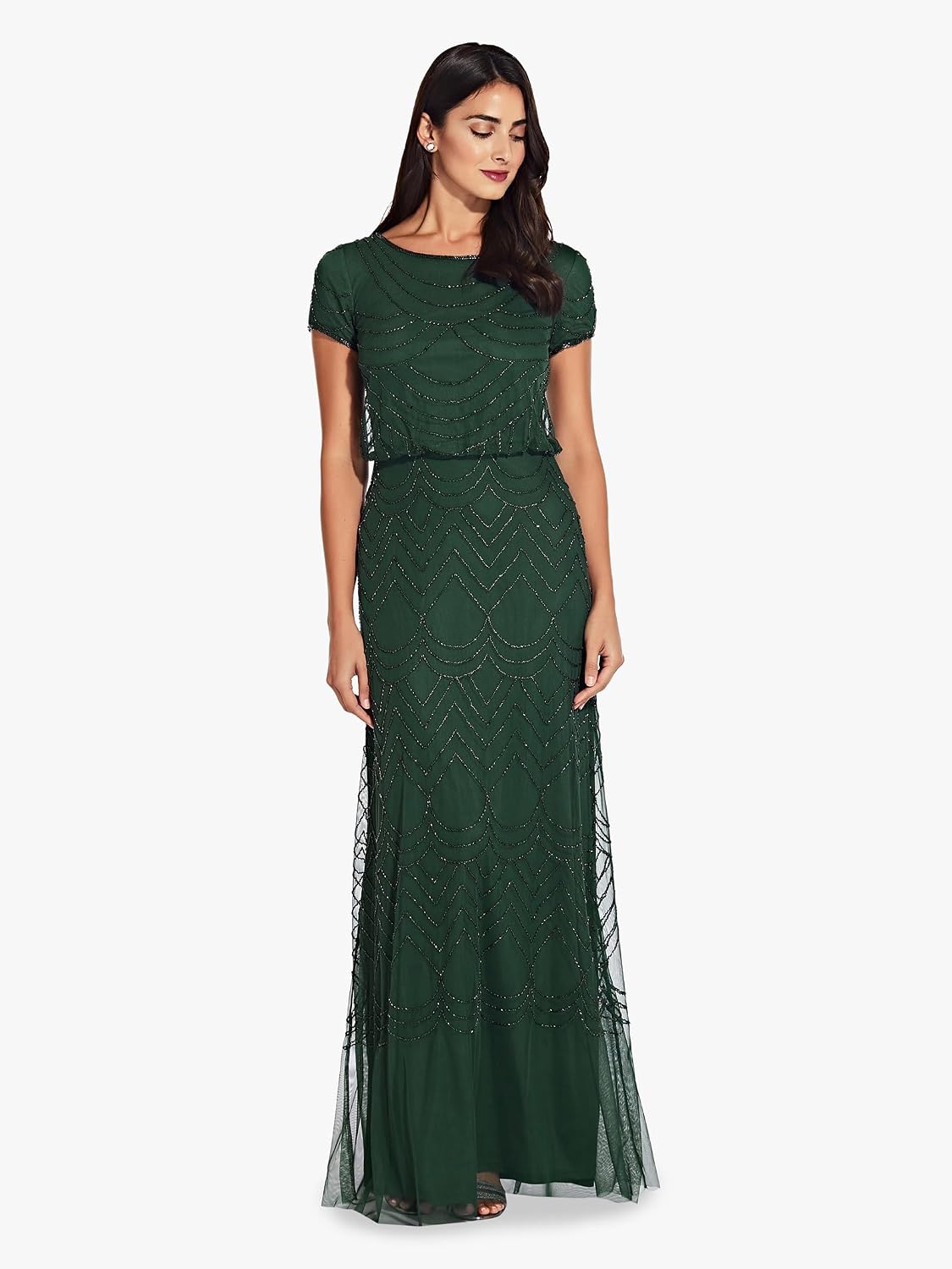 Adrianna Papell Womens Short Sleeve Blouson Beaded Gown