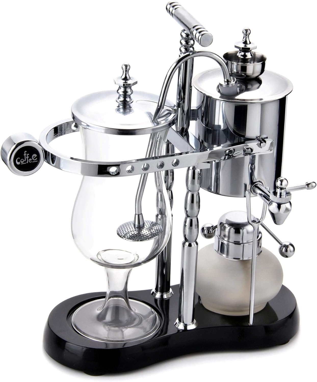 Diguo Belgian/Belgium Luxury Royal Family Balance Siphon/Syphon Coffee Maker. Elegant Double Ridged Fulcrum with Tee handle (Classic Silver)