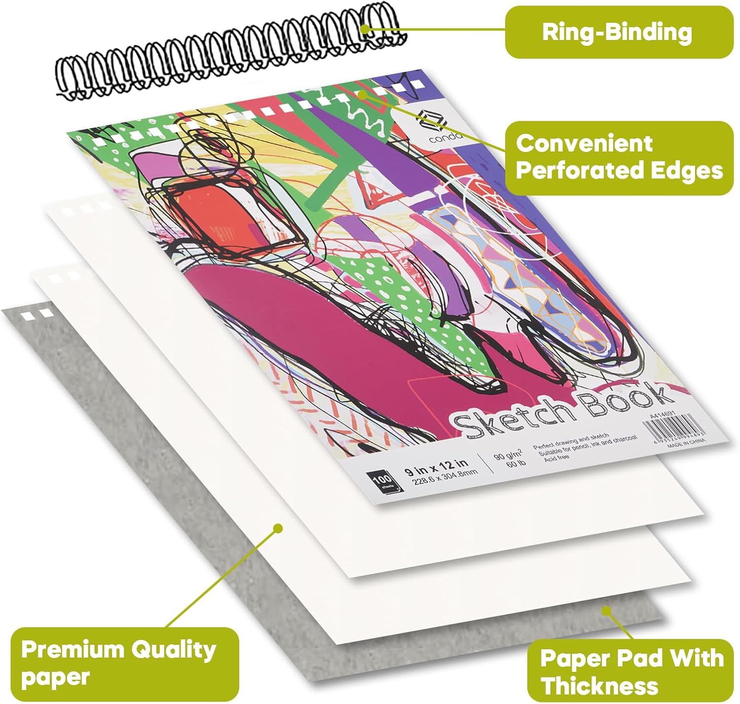 conda 8.5"x11" Sketch Book, 80 Sheets (68 lb/100gsm), Spiral Bound Artist Sketch Pad, Durable Acid Free Drawing Paper for Drawing Painting