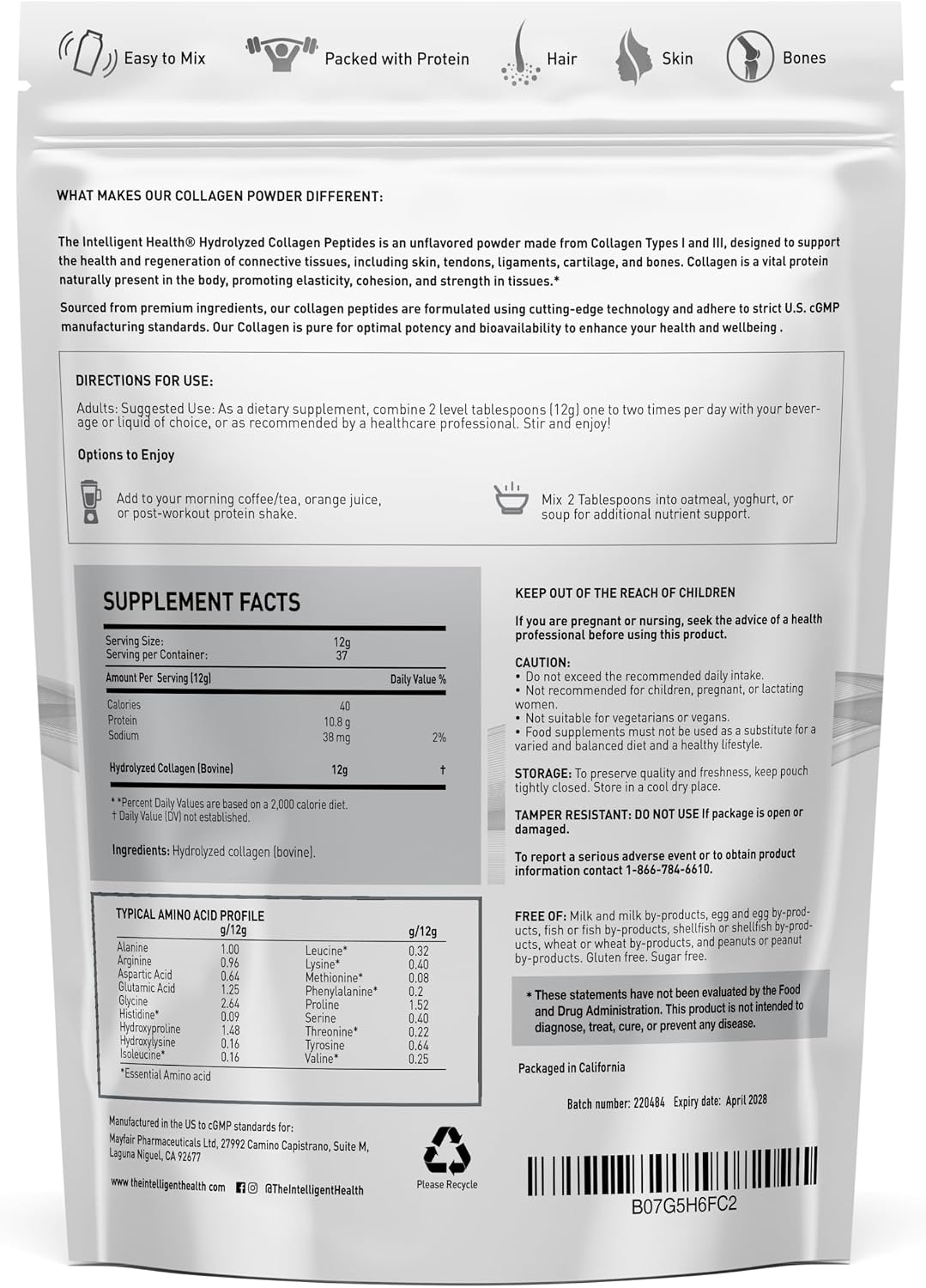 Collagen Peptides Powder, Hydrolyzed Collagen, Type I & III, 45 Servings | Grass Fed, Unflavored, Gluten Free, Keto/Paleo, Skin Support, Hair, Nail, Joints, 10g Servings, 15.9 Oz