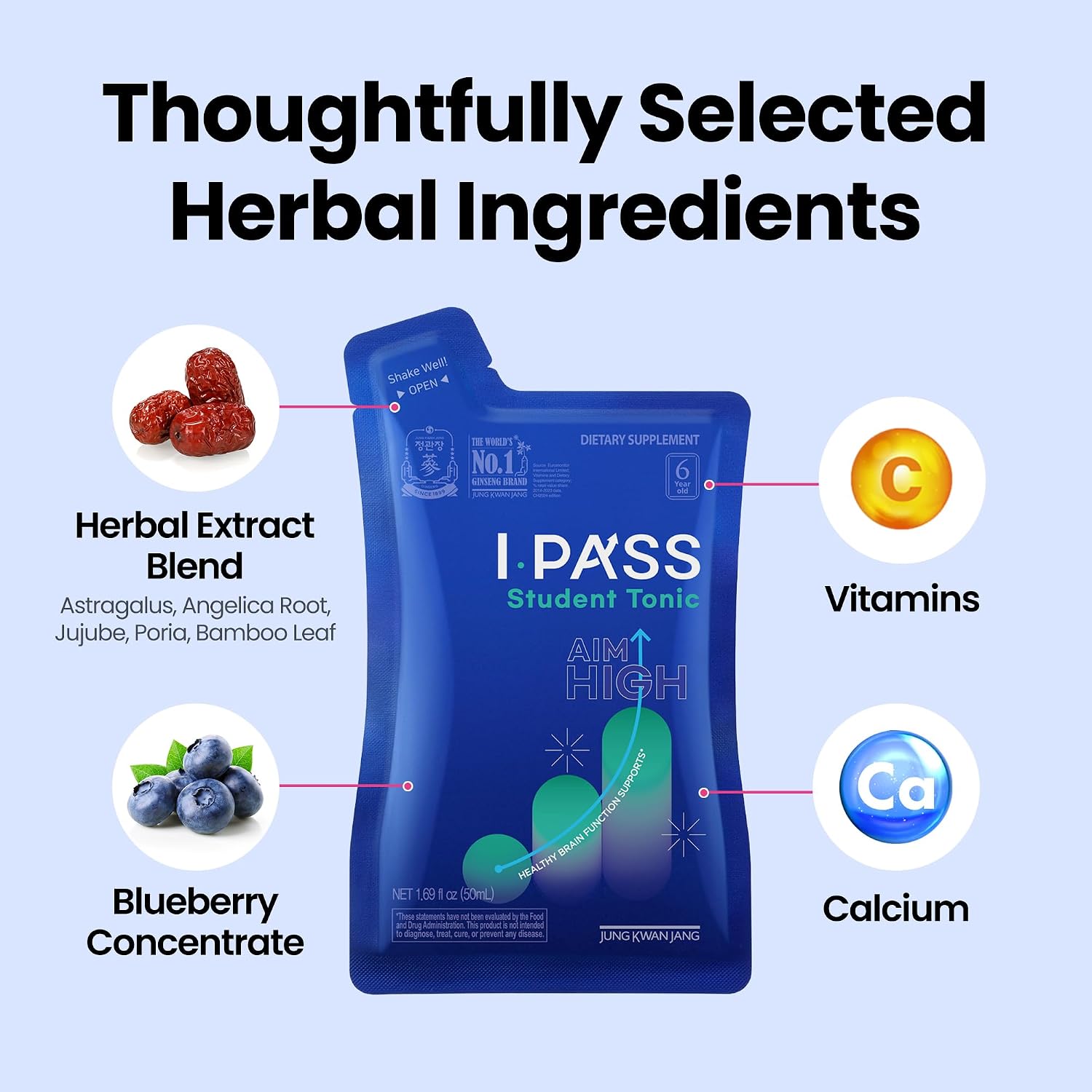 JungKwanJang i-Pass Junior Dietary Supplement- Korean Red Panax Ginseng Extract - Support Immune System, Memory Improvement and Concentration