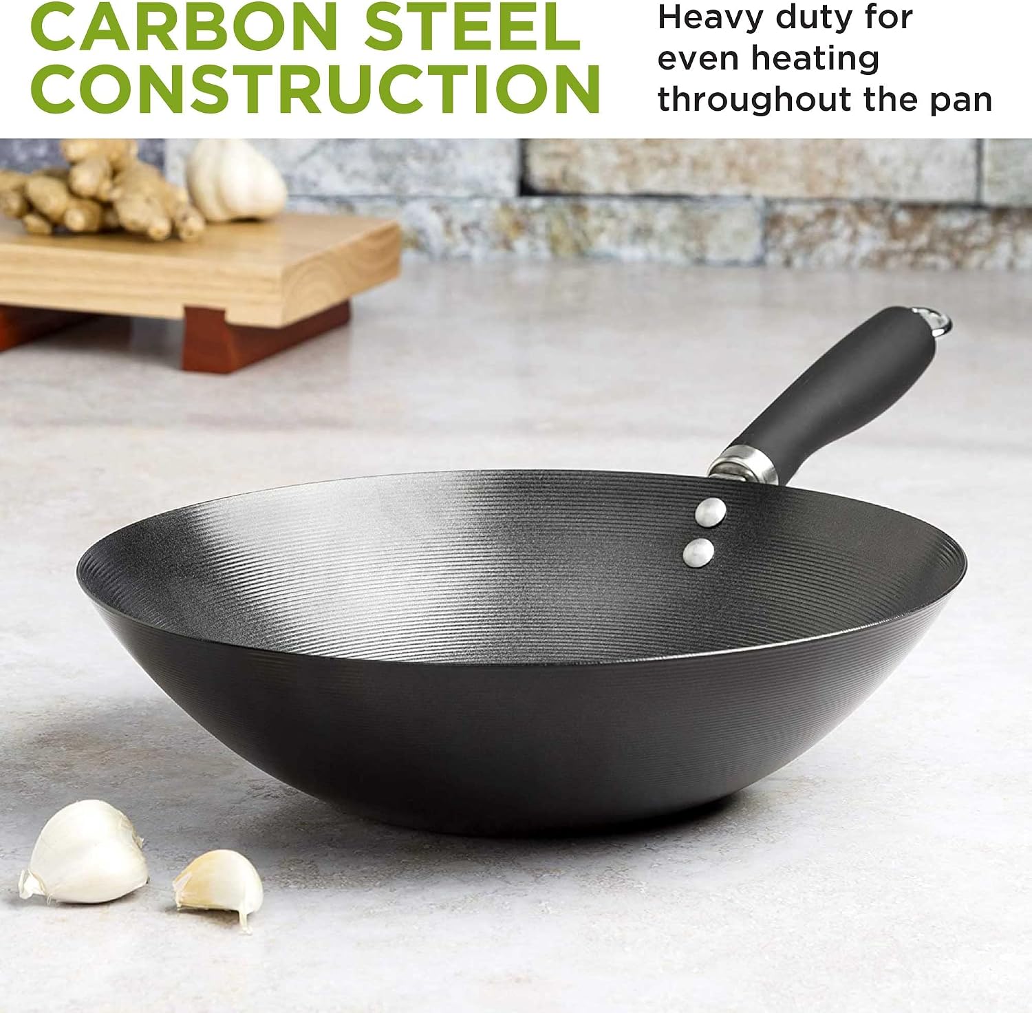 Ecolution Non-Stick Carbon Steel Wok with Soft Touch Riveted Handle, 8",Black