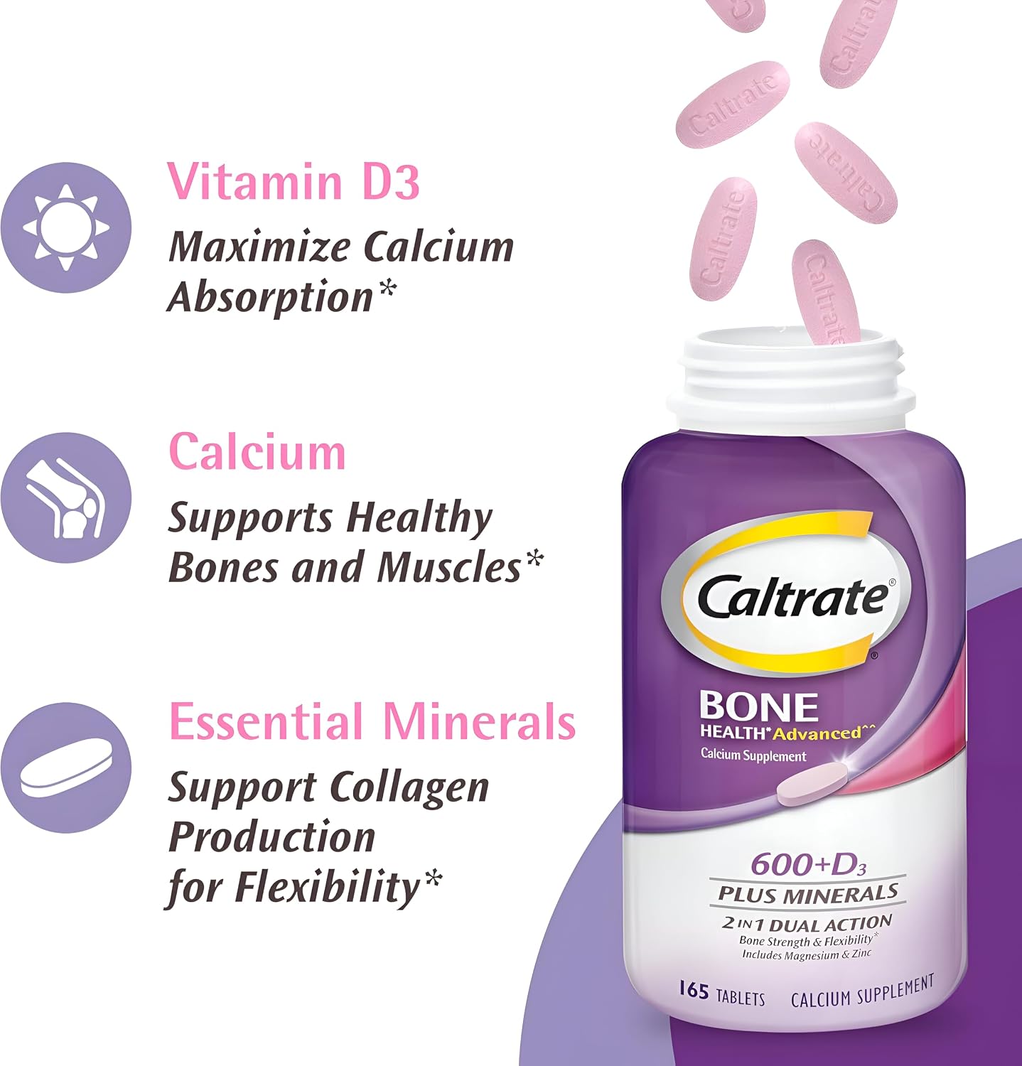Caltrate 600 Plus D3 Vitamin D and Calcium Supplement Tablets, 165 Count | Highest Level of Vitamin D3, Maximizes Calcium Absorption to Support Strong Bones and Daily Function
