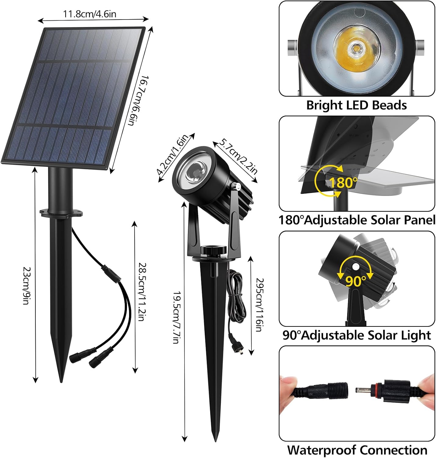 T-SUN Solar Spot Lights Outdoor, Dual Head Solar Spotlights, Cool White | IP65 Waterproof, 2 Brightness Modes, Dusk to Dawn Solar Uplights for Garden, Yard, Pathway, Patio, Lawn