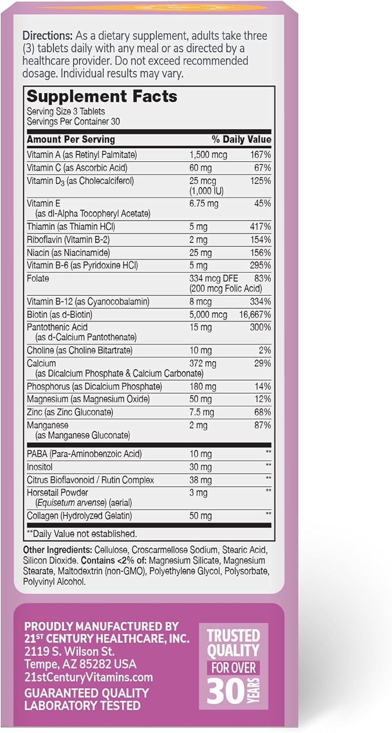 21st Century Hair, Skin and Nails Extra Strength Tablets, 90 Count (27847) | Extra-Strength Hair, Skin & Nails Formula with Biotin & Vitamins A, C & E