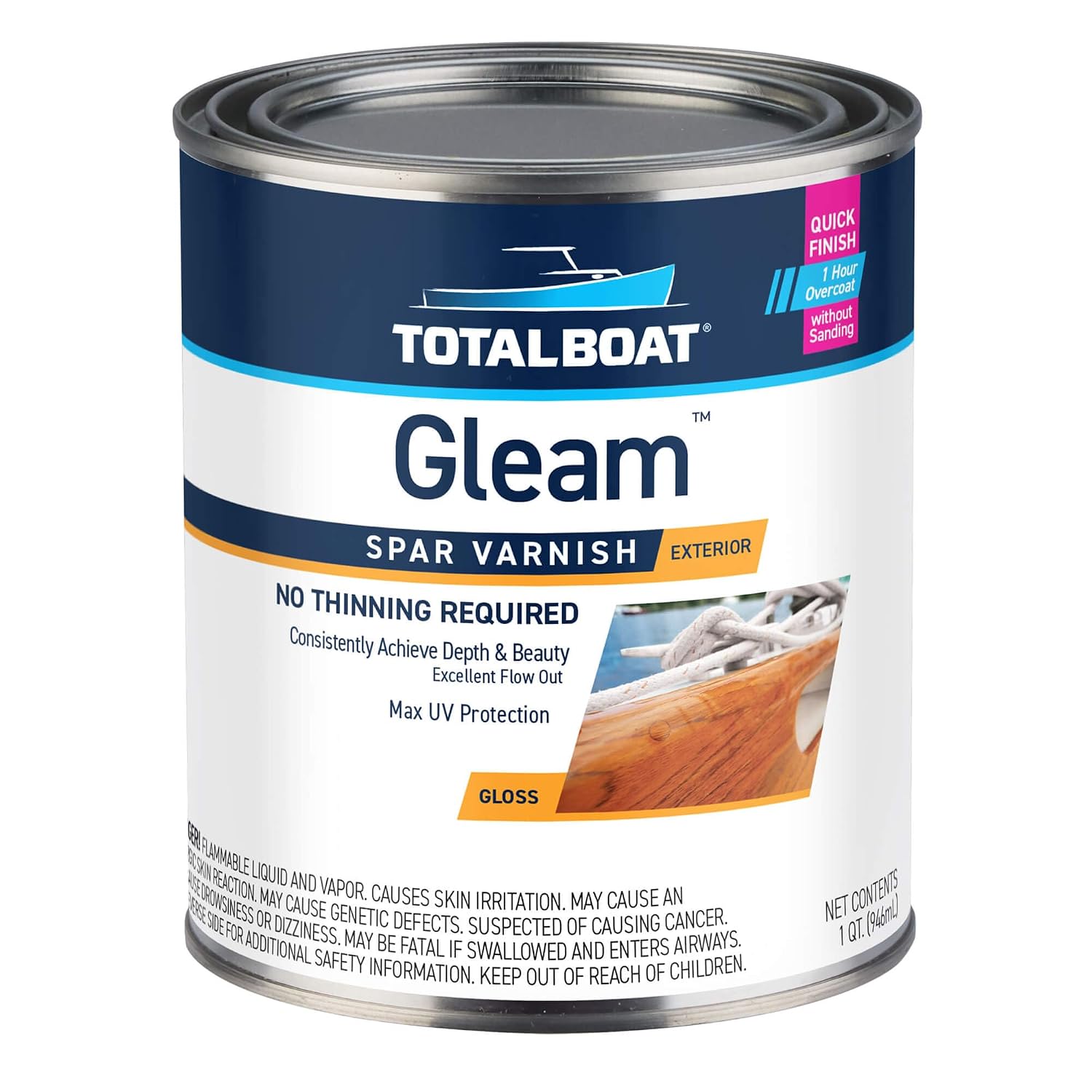 TotalBoat Gleam Marine Spar Varnish for Boats & Outdoor Wood - Satin Quart | Oil-Based Polyurethane Finish; No Thinning; UV Inhibitors; Wooden Boats, Yacht Brightwork, Furniture & Interior/Exterior Wood