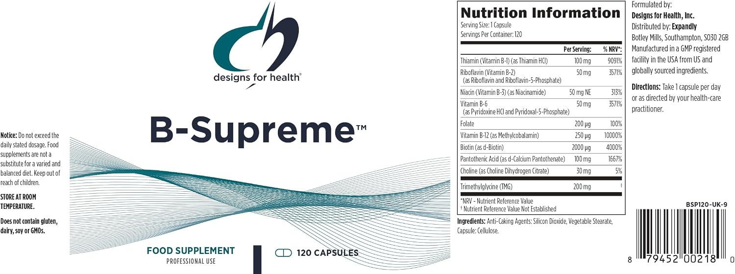 Designs for Health Vitamin B Supreme - B Complex Vitamins for Metabolism, Energy Support + Heart Health - Folate, Vitamin B12, Niacin, Biotin, Vitamin B6 + Thiamine B1 Supplement (60 Vegan Capsules)