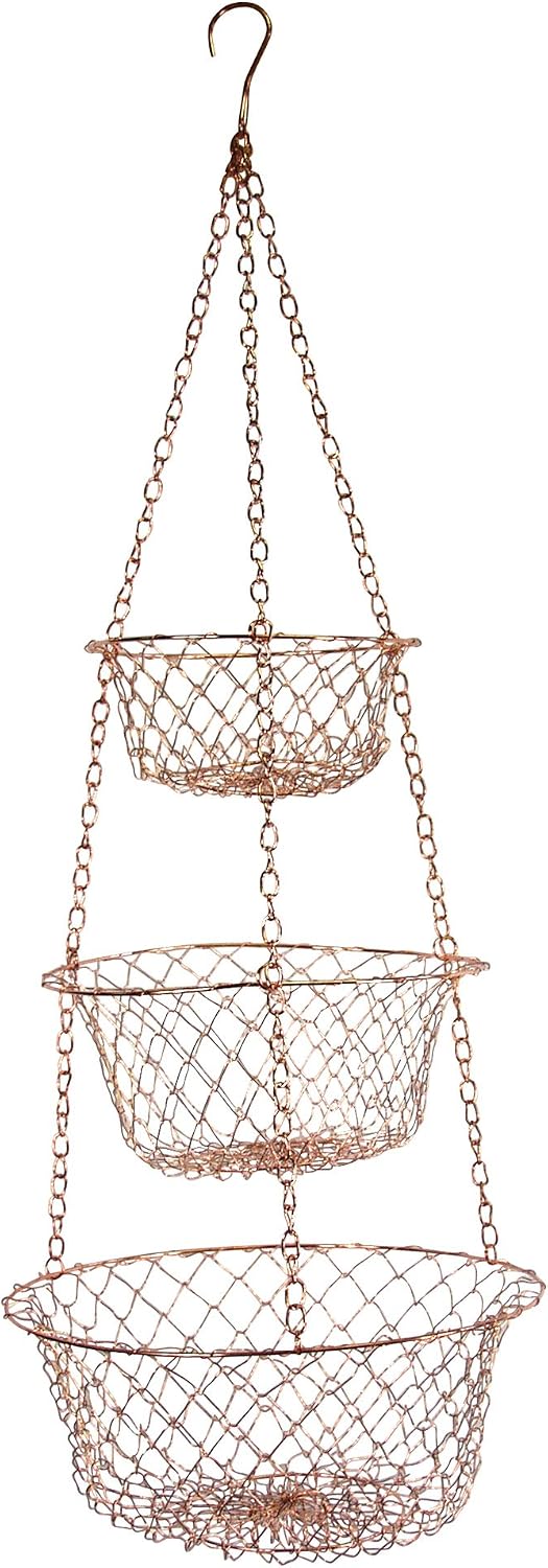 Fox Run 3-Tier Copper Kitchen Hanging Fruit Baskets For Kitchen, 32 Inches | Easily Store & Display Fruit & Vegetables | 3 Tiers Of Baskets For Organization | Beautiful Copper Hanging Kitchen Baskets