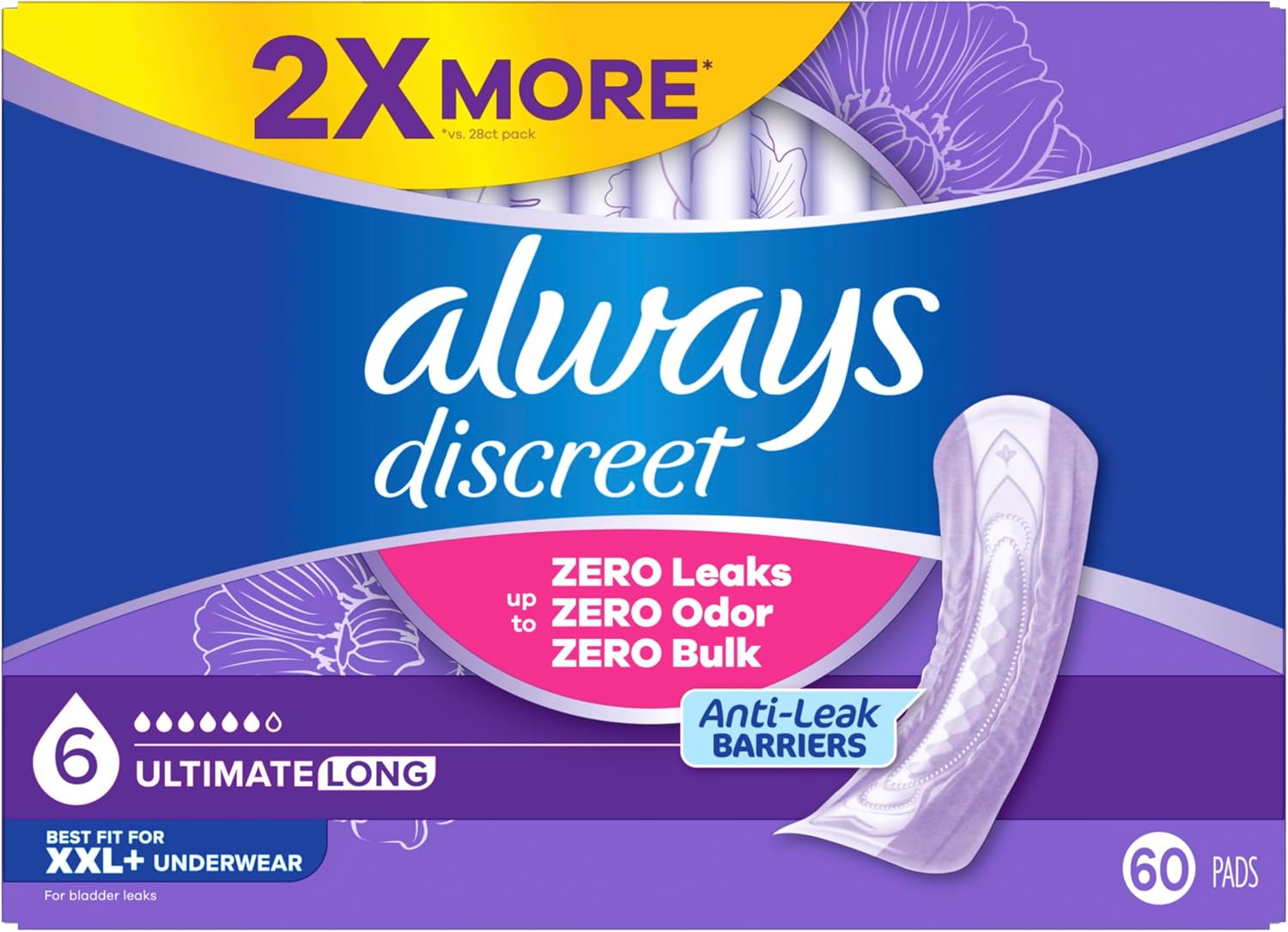 Always Discreet Adult Incontinence Pads for Women, Drier, 6 Drop Long Length, Extra Heavy Absorbency, Pads for Bladder Control Management, Bladder Leaks, & Postpartum Pads, 45ct