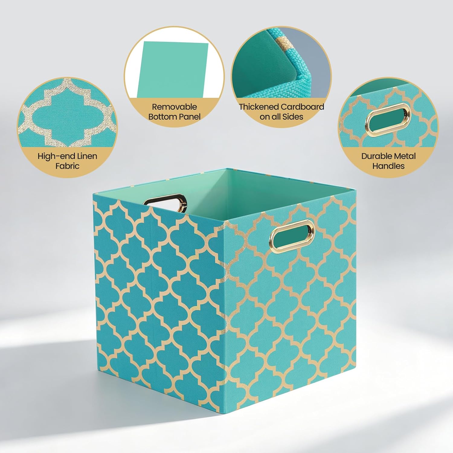 Posprica Storage Bins, Storage Cubes,13×13 Fabric Drawers Organizer Basket Boxes Containers (13×13×13/4pcs, Cream/gold geometry Pattern)