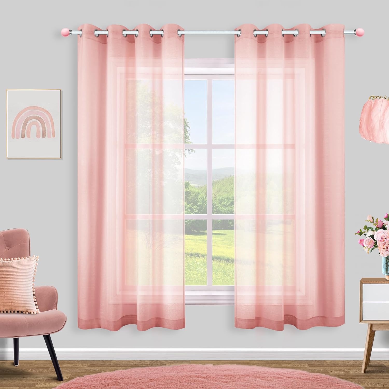 KOUFALL White Sheer Curtains 72 Inches Long for Bedroom Set of 2 Panels Grommet Faux Linen Window Voile Semi Baisc Decorative Sheer Curtains for