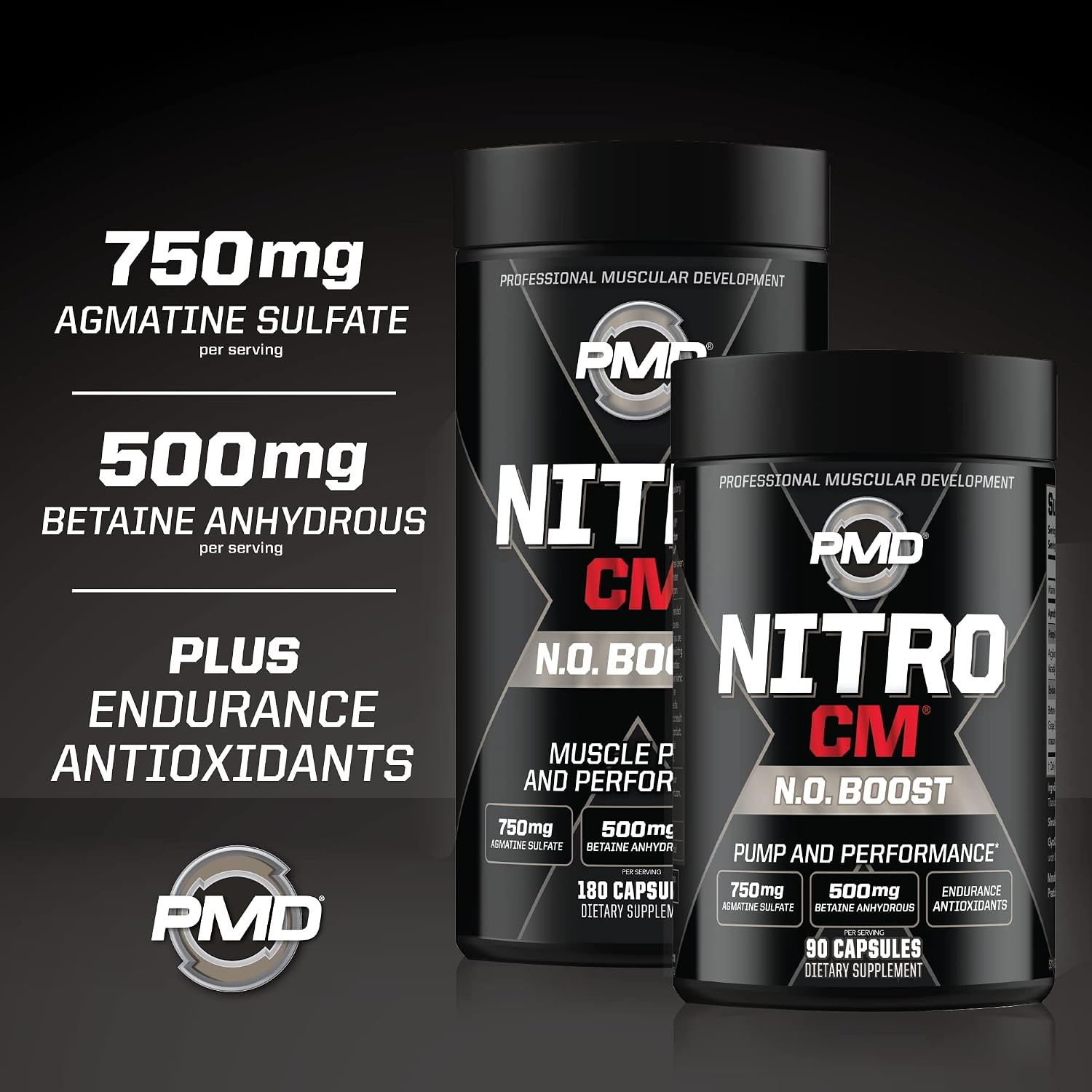 PMD Sports Nitro CM Nitric Oxide with Agmatine Supplement - 90 Capsules | Muscle Growth Support, Muscle Pump, L-Arginine, Endurance Antioxidants Boost