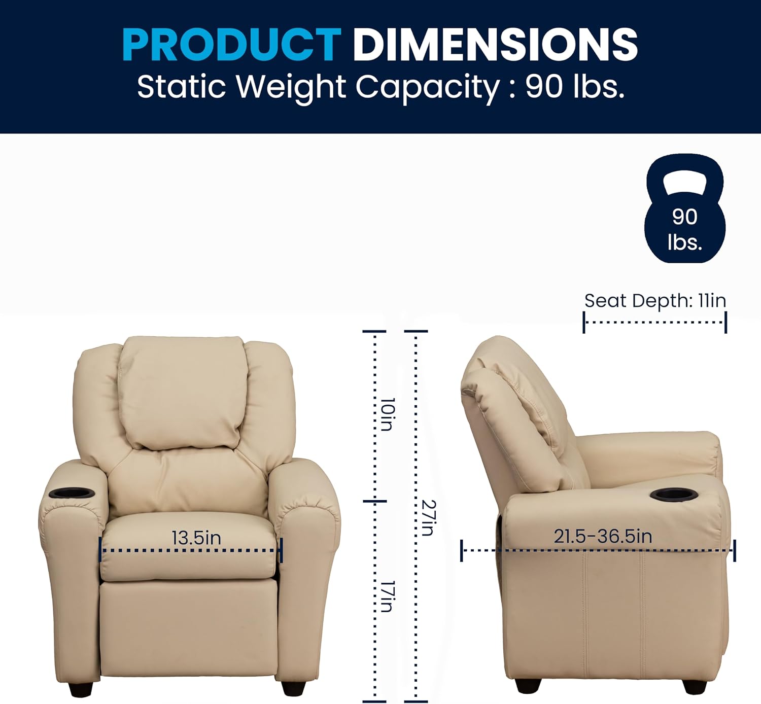 Flash Furniture Vana LeatherSoft Kids Recliner with Cup Holder, Headrest, and Safety Recline, Contemporary Reclining Chair for Kids, Supports up to 90 lbs., Brown | Manual Recline, Padded Seat and Back, Child-Friendly Design, Safety Recline Feature
