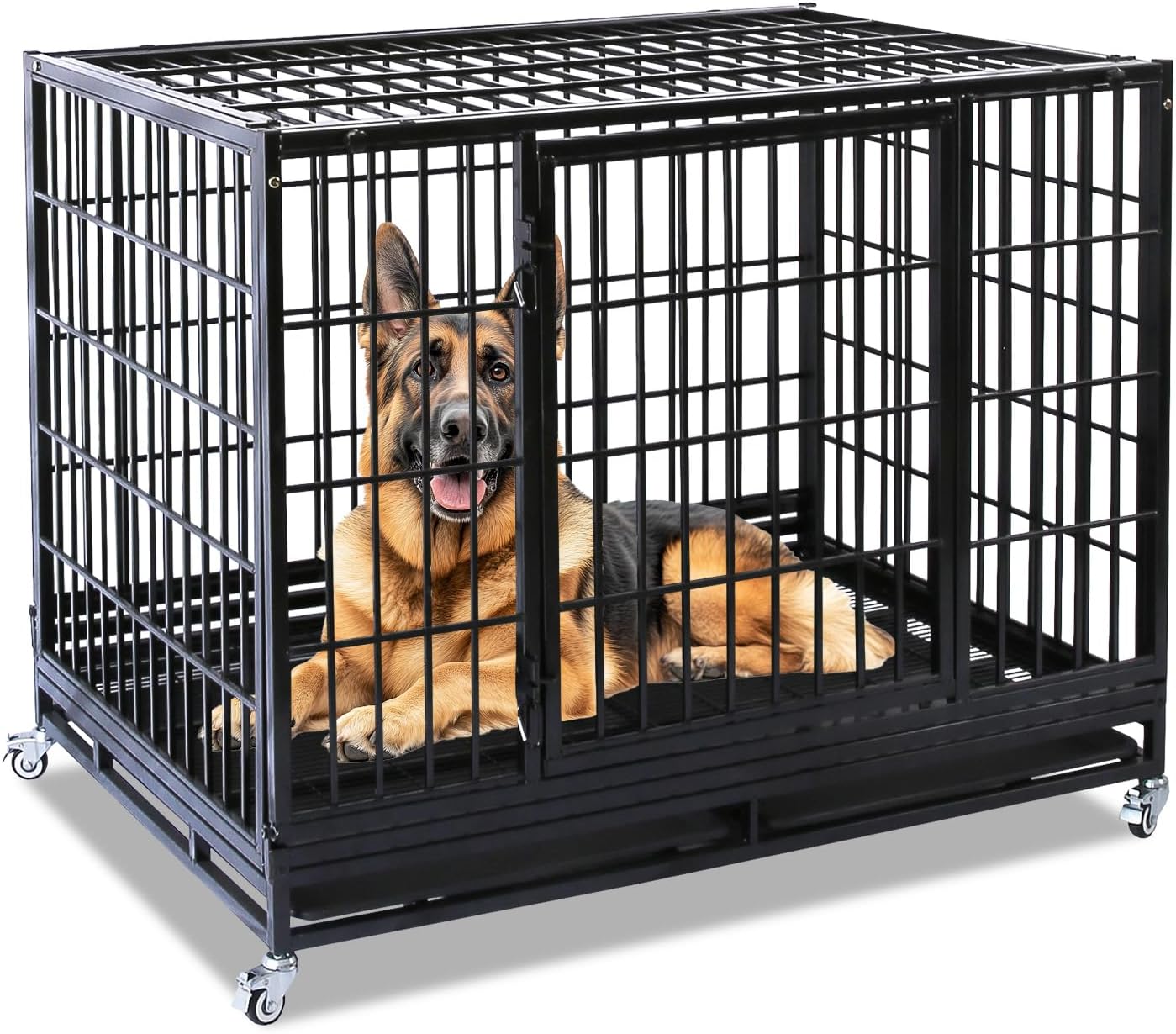 Homey Pet Three Tiers 43 inch Heavy Duty Dog Crate with Wheels, Dual Doors | Stackable Indestructible Steel Dog Cage Kennel Indoor with Divider, Trays, Bowls, Escape Proof Locks for Breeders and More