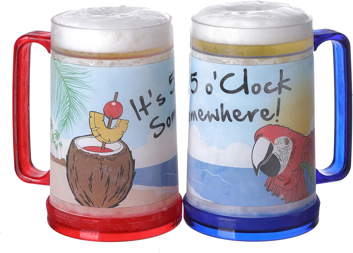 It's 5 O'Clock Somewhere Party Parrot Double Wall Gel Frosty Freezer Ice Mugs Clear 16oz Set of 2