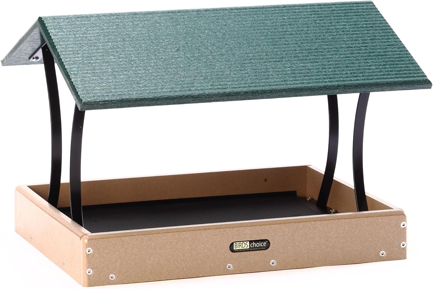 Birds Choice SNFT-300 Fly-Thru Feeder, Recycled Pole Mounted Bird Feeder, Large, Taupe/Green | Recycled Plastic Platform with Roof, Welcomes Cardinals, Jays and Other Wild Birds, 19in x 15.75in x 13in