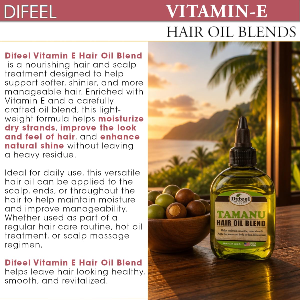 Difeel Vitamin E Hair Oil Blend - Travel Size 2.5 oz.