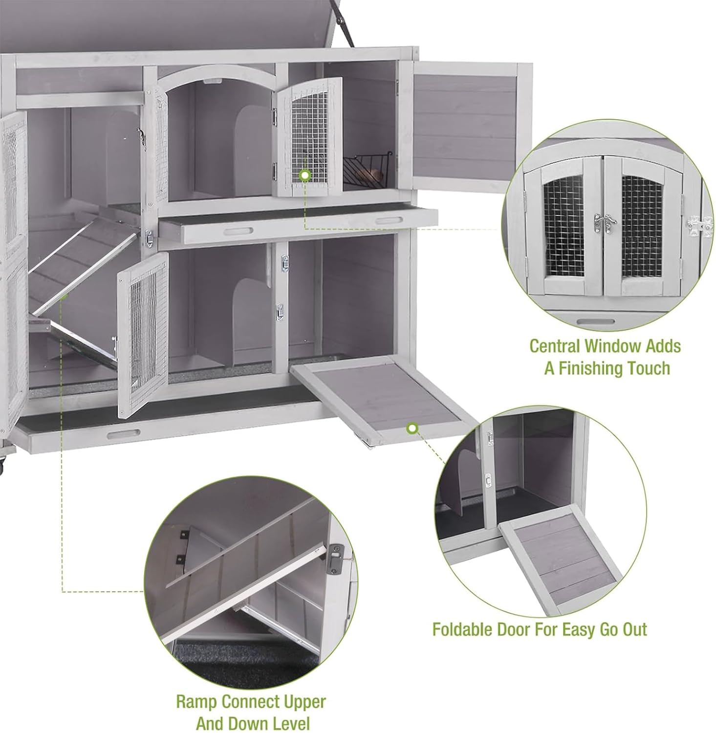 GUTINNEEN Rabbit Hutch Indoor Outdoor Bunny House Guinea Pig Cage on Wheel with Plastic Tray