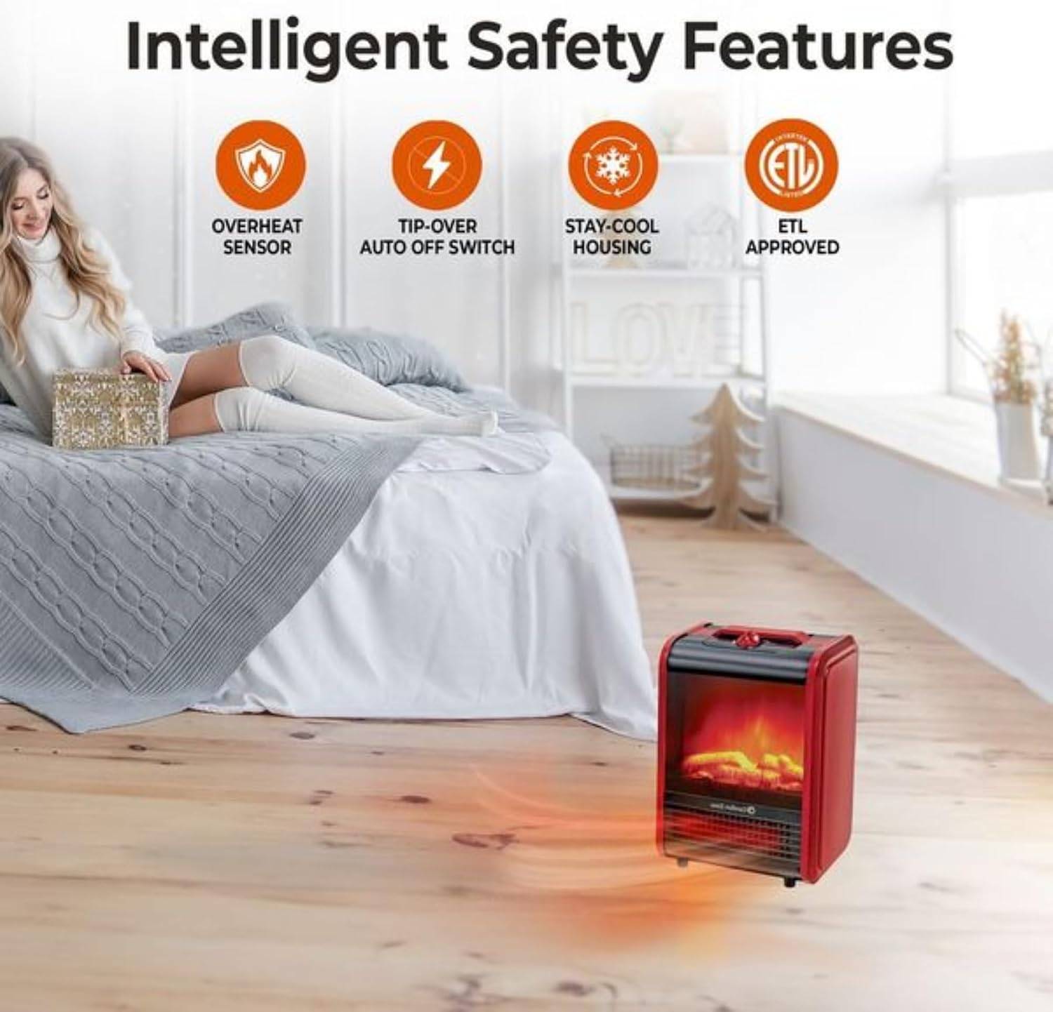 Comfort Zone Electric Mini Fireplace Space Heater with Realistic 3D Flame, Stay-Cool Body, Carry Handle, Overheat Sensor, and Safety Tip-Over Switch, Ideal for Home, Bedroom, & Office, 1,200W, CZFP1