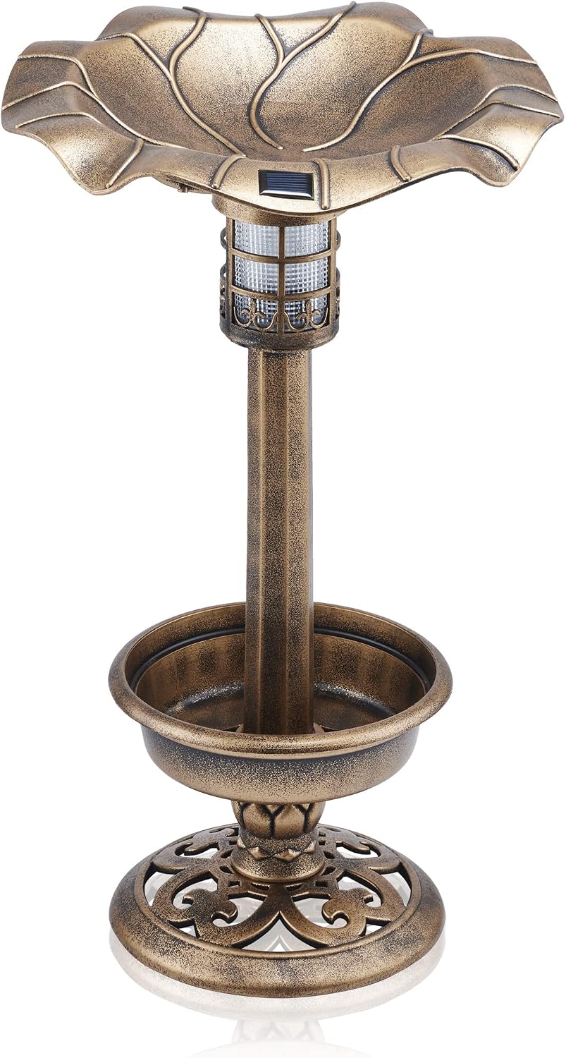 Alpine Corporation | 31" Tall Outdoor Birdbath with 2 Bird Figurines — Shallow and Wide Bird Feeder, Bronze Garden Accent