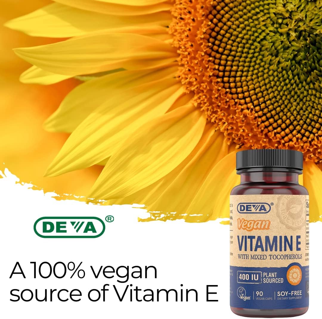 DEVA Vegan Vitamins Natural Vitamin E 400IU with Mixed Tocopherols, Supports Immune System & Skin Nutrition, Natural Antioxidant & Gluten Free, Dairy Free, Non-GMO, 90 Capsules