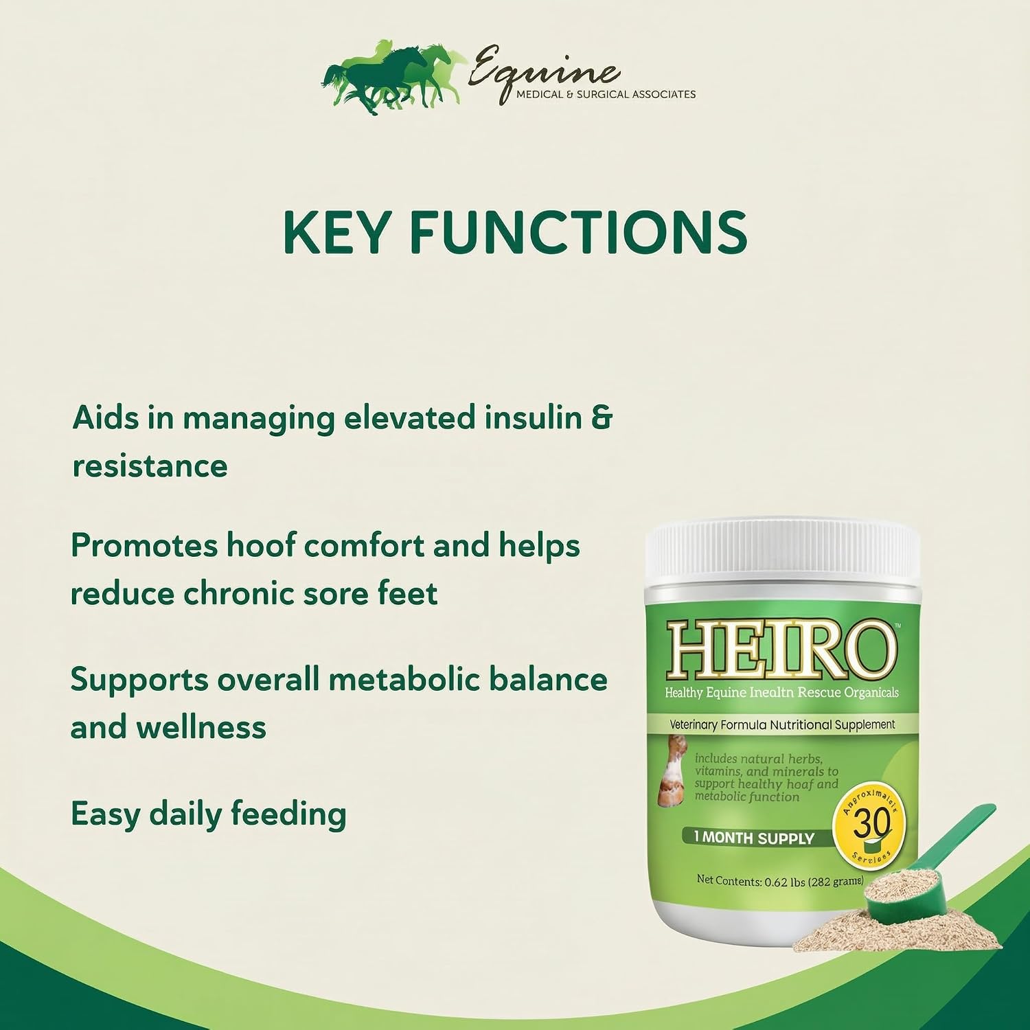 HEIRO Healthy Equine Nutritional Supplement for Horses, Herbal Blend with Magnesium and Vitamin E, Daily Metabolic Support Formula, Feed Powder, 90 Servings