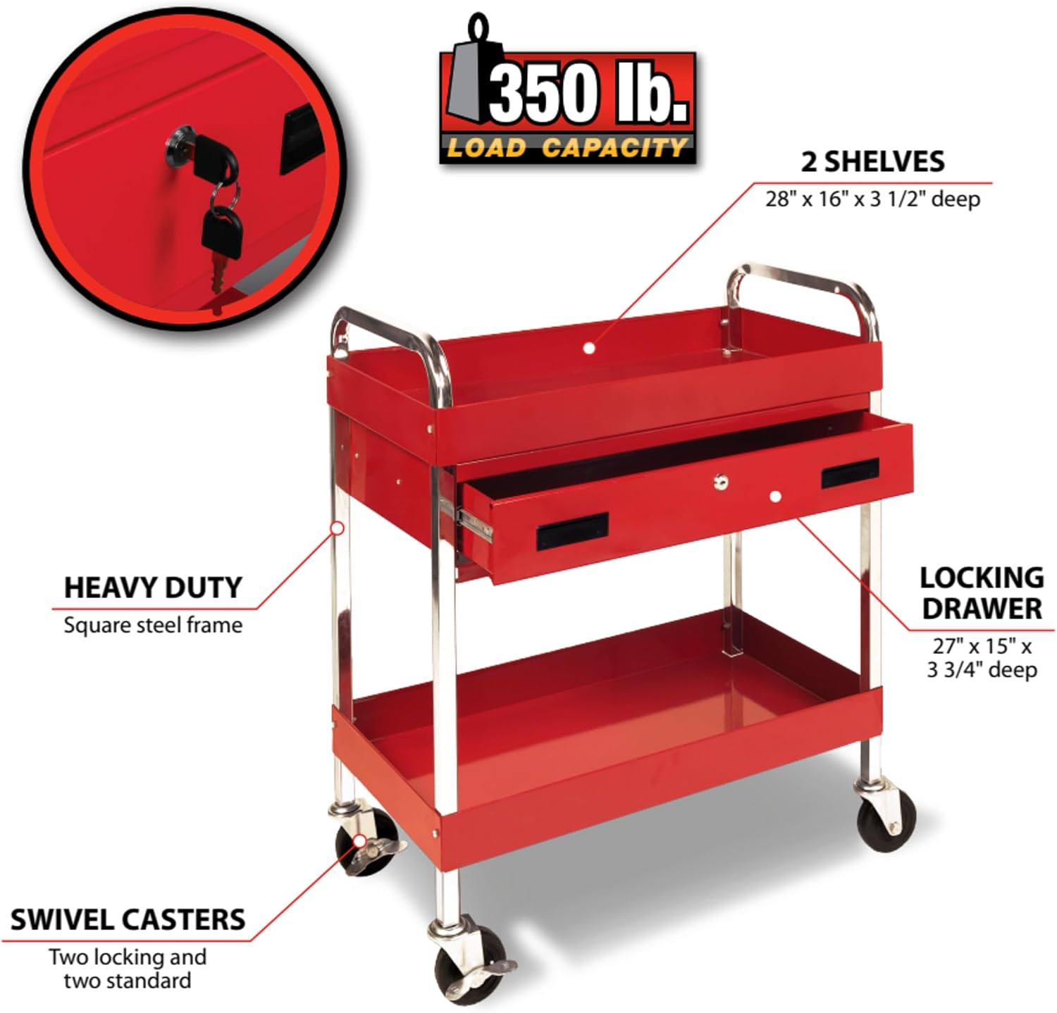Performance Tool W54004 Two-Shelf Utility Cart with Locking Drawer | Red rolling tiered storage cart with wheels. 350 lb load capacity. Swivel casters. 28x16 inch deep shelves