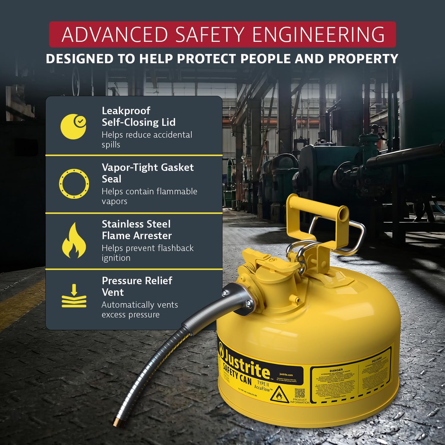 Justrite Type II Diesel Fuel Can, Yellow Galvanized Steel, FM Approved | Flammable Liquid Storage Can with Controlled Pouring, 2 Gallon Capacity