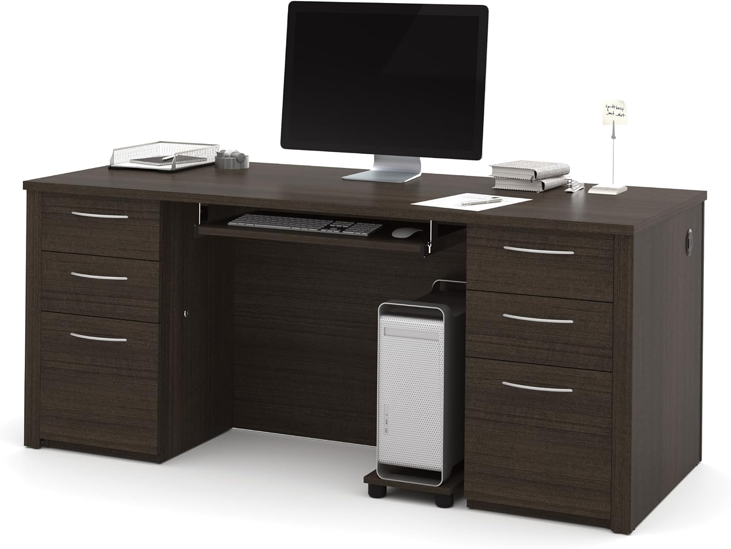 Bestar Executive Desk with Two Pedestals, 72W, Dark Chocolate, Embassy, 72W | With Two Pedestals, with Desk Shell, Keyboard Tray, CPU Stand