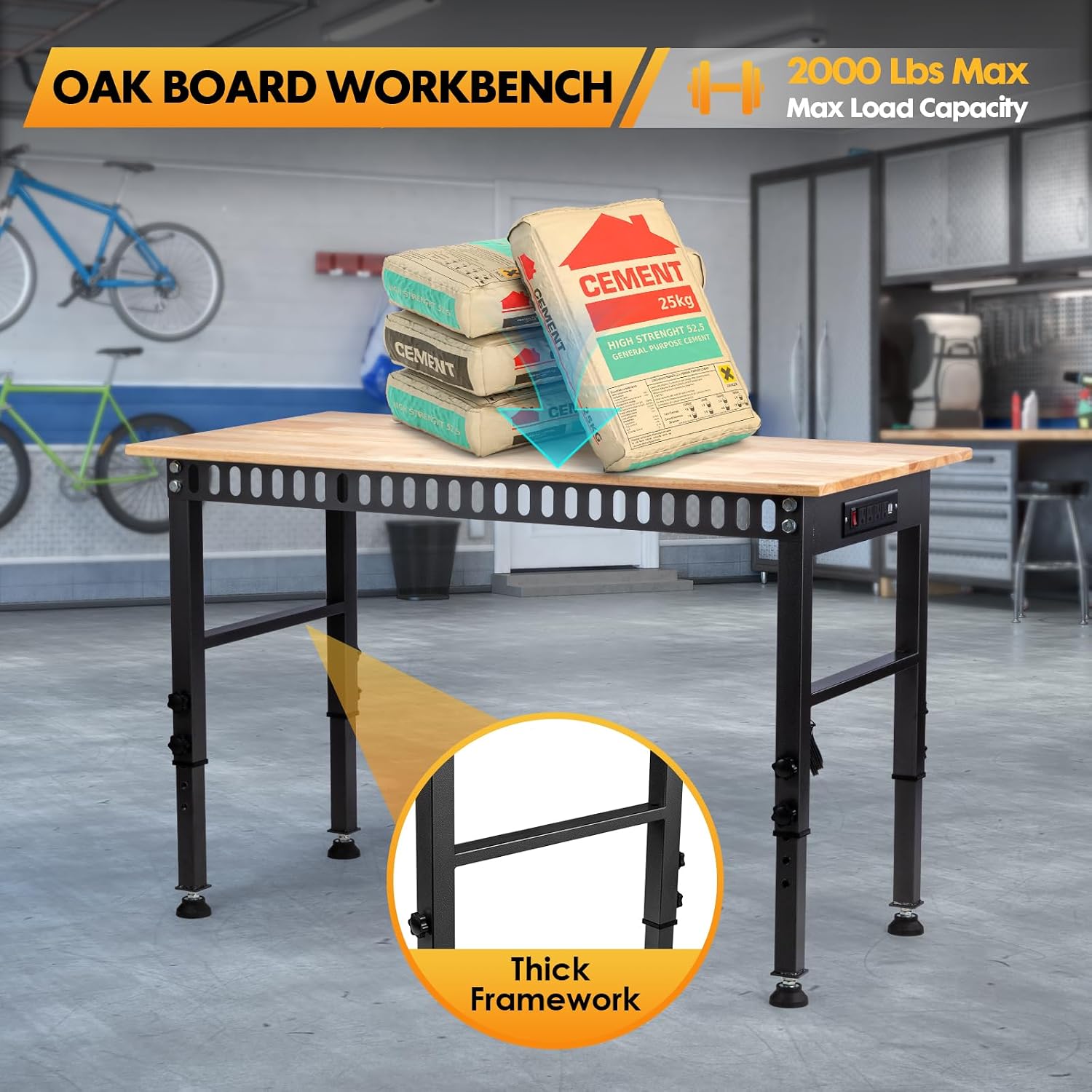 48" Adjustable Workbench, Work Table with Wheels and Power Outlet | 2000LBS Load Capacity Rubber Wood Top Workstation, Heavy-Duty Craft Table for Garage Workshop