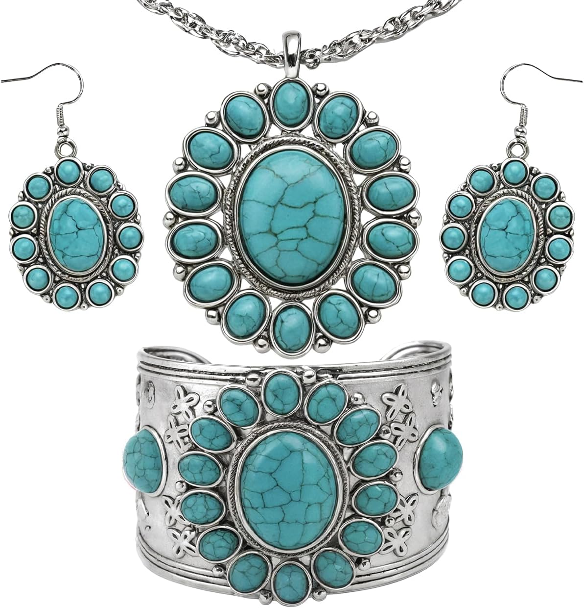 Shop LC Howlite Western Jewelry Set for Women Boho Cowgirl | 3-Piece Necklace Bracelet Earrings, Turquoise-Inspired, Chunky Statement, Southwestern